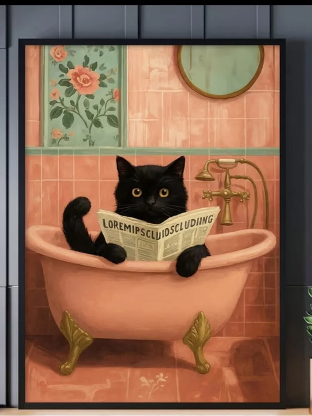 Black cat in bathtub canvas print - pink